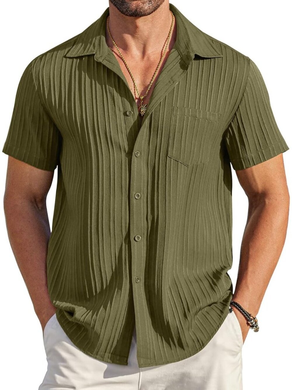 Men's Army Green Short Sleeve Textured Summer Collared Casual Button Down Shirts